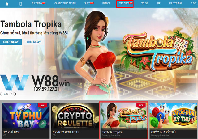 Tìm game Tambola Tropika trong sảnh trò chơi tại W88
